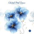 Celestial Petal Dance – Clipart PNG cu flori abstracte în acuarelă, albastru și auriu, pentru sublimare, invitații și proiecte creative
