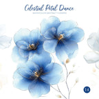 Celestial Petal Dance – Clipart PNG cu flori abstracte în acuarelă, albastru și auriu, pentru sublimare, invitații și proiecte creative