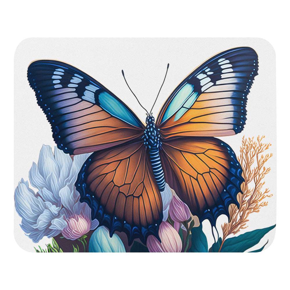 Mouse pad „Fluture în Grădină” — Design floral realist | Suprafață textilă anti‑alunecare | Dreptunghi & Rotund