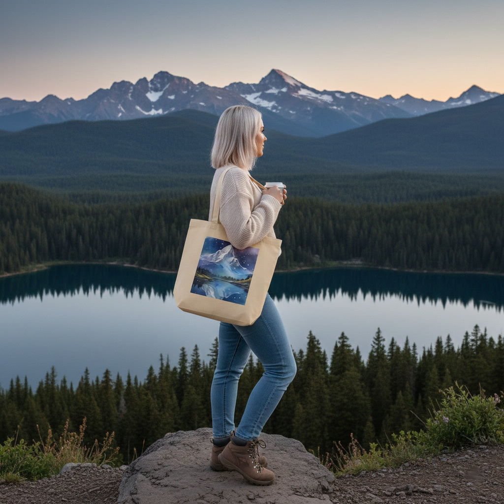 Sacoșă Eco „Peisaj Cosmic Montan” – 100% Bumbac Organic | Design Oniric | Reutilizabilă