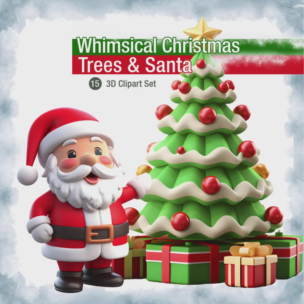 Whimsical Christmas Trees & Santa – Clipart PNG 3D cu brazi decorați și Moș Crăciun pentru proiecte festive