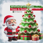 Whimsical Christmas Trees & Santa – Clipart PNG 3D cu brazi decorați și Moș Crăciun pentru proiecte festive