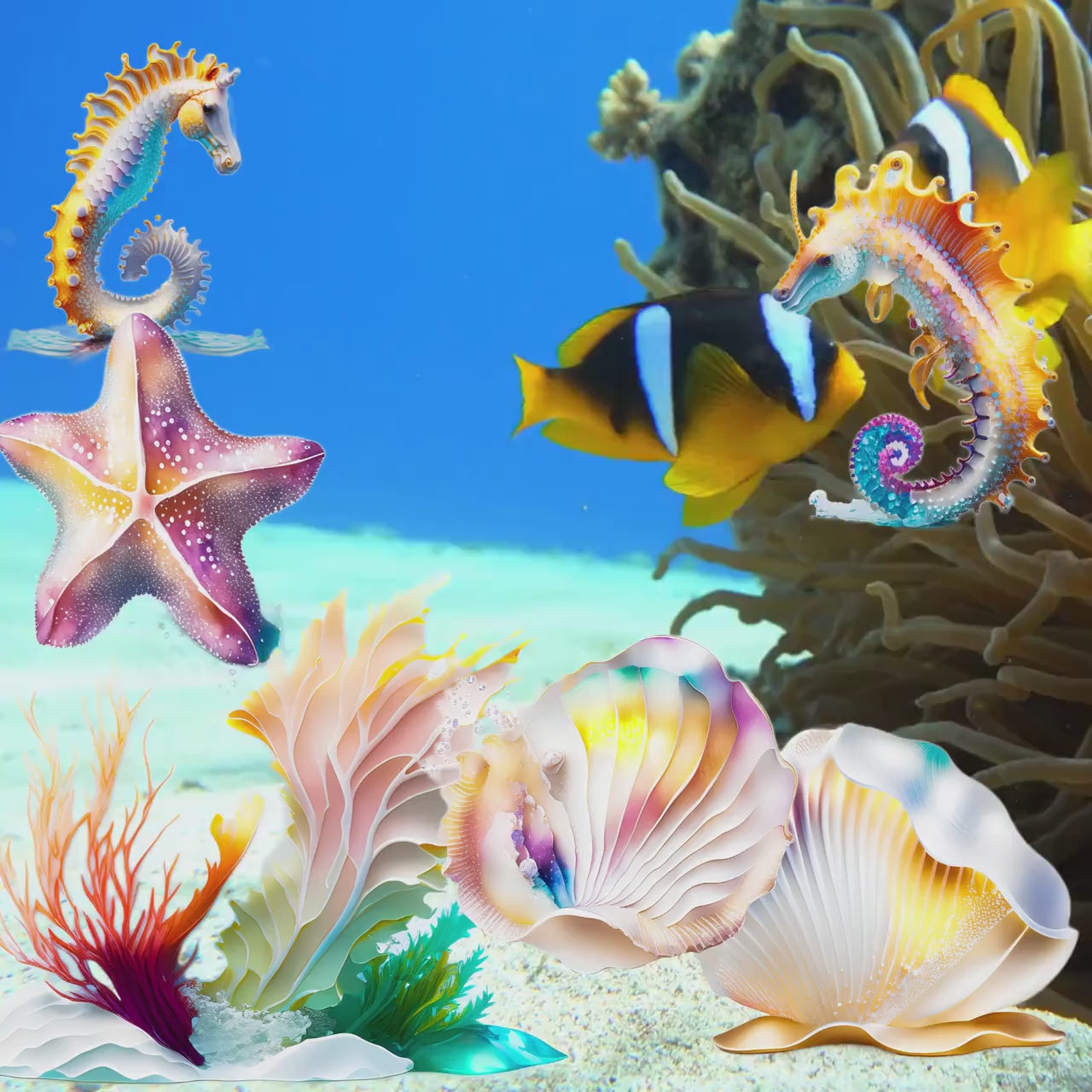 Sea Life – Clipart PNG cu căluți de mare, stele de mare, scoici, alge și corali